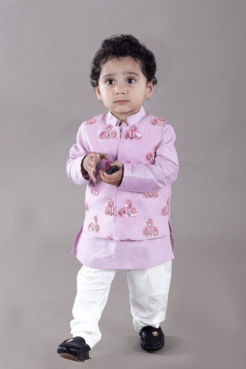 Pre-Order: Lavender Kurta With Flower Embroidery Jacket And Bottom Set