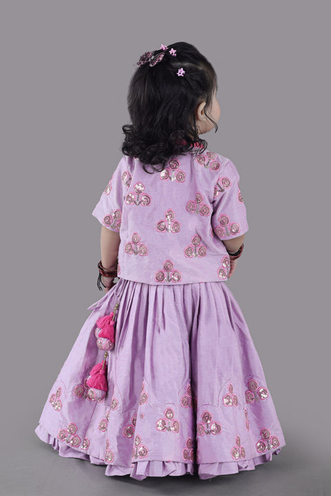 Pre-Order: Lavender Flower Embroidered Blouse And Ghagara Set