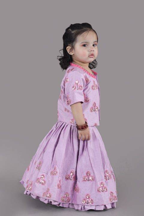 Pre-Order: Lavender Flower Embroidered Blouse And Ghagara Set