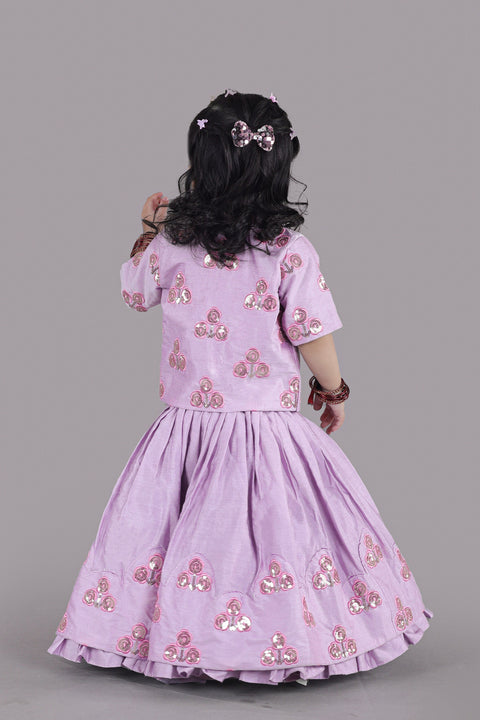 Pre-Order: Lavender Flower Embroidered Blouse And Ghagara Set