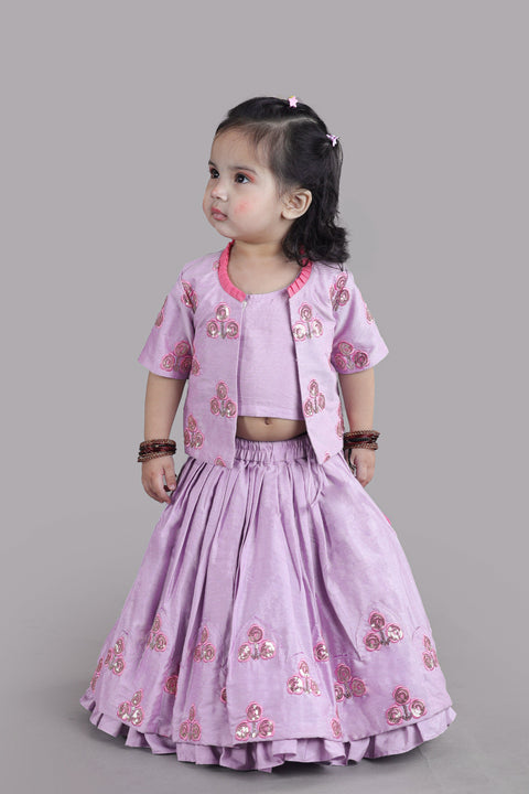 Pre-Order: Lavender Flower Embroidered Blouse And Ghagara Set