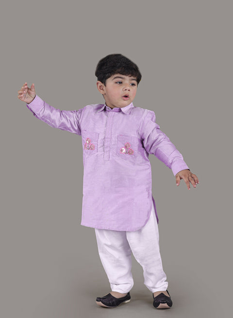 Pre-Order: Lavender Kurta With Flower Embroidery Jacket And Bottom Set