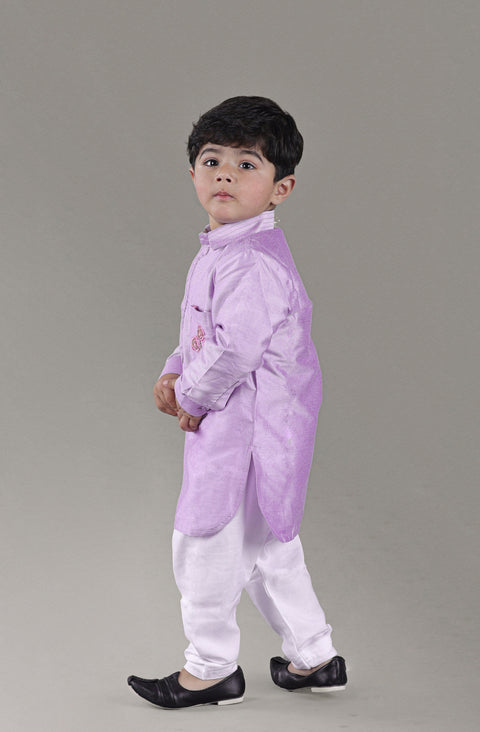 Pre-Order: Lavender Kurta With Flower Embroidery Jacket And Bottom Set