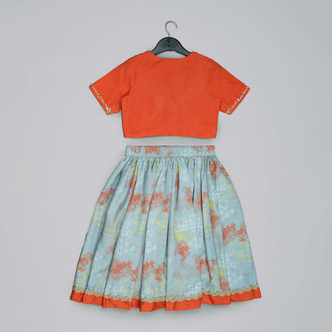 Pre-Order: Orange Hand Embroidered Blouse With Grey Geometrical Printed Ghagara Set