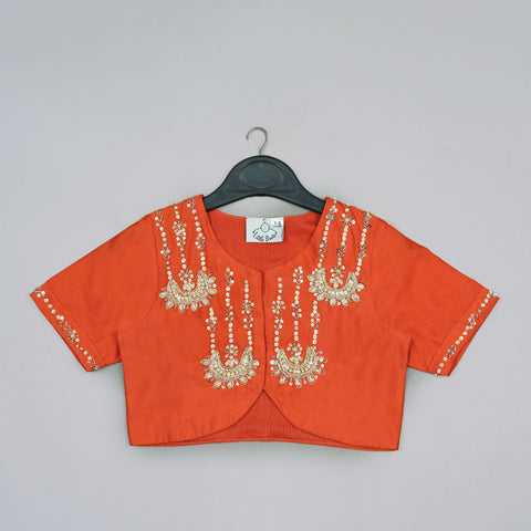 Pre-Order: Orange Hand Embroidered Blouse With Grey Geometrical Printed Ghagara Set