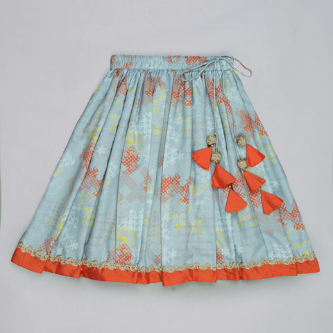 Pre-Order: Orange Hand Embroidered Blouse With Grey Geometrical Printed Ghagara Set