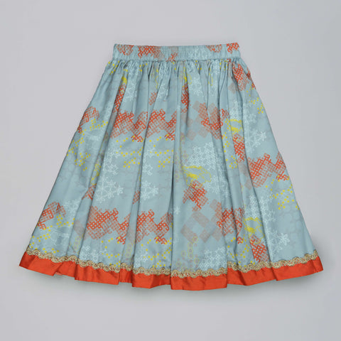 Pre-Order: Orange Hand Embroidered Blouse With Grey Geometrical Printed Ghagara Set