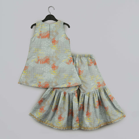 Pre-Order: Grey Geometrical Printed Hand Embroidery Top With Geometrical Printed Sharara Set