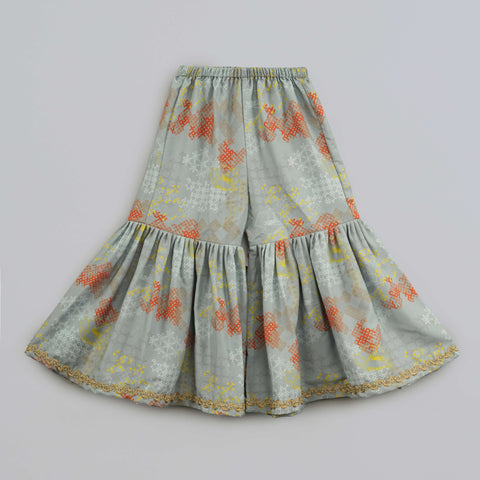 Pre-Order: Grey Geometrical Printed Hand Embroidery Top With Geometrical Printed Sharara Set