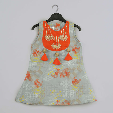 Pre-Order: Grey Geometrical Printed Hand Embroidery Top With Geometrical Printed Sharara Set