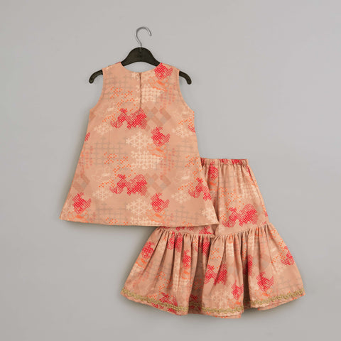 Pre-Order: Beige Geometrical Printed Hand Embroidery Top With Geometrical Printed Sharara Set