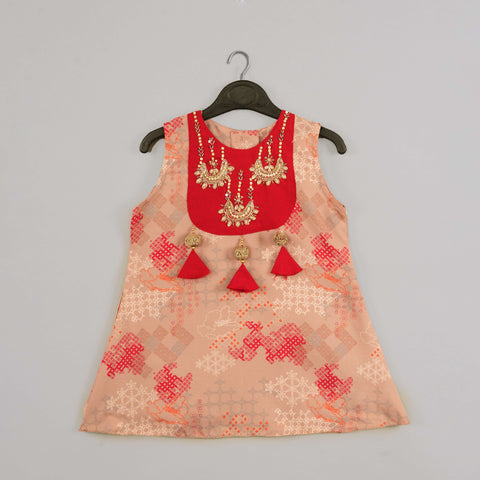 Pre-Order: Beige Geometrical Printed Hand Embroidery Top With Geometrical Printed Sharara Set