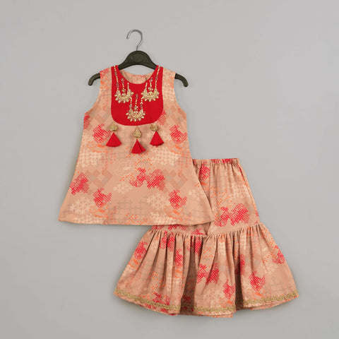 Pre-Order: Beige Geometrical Printed Hand Embroidery Top With Geometrical Printed Sharara Set