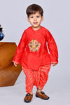 Pre-Order: Red Heavy Embroidery Kurta with Printed Dhoti
