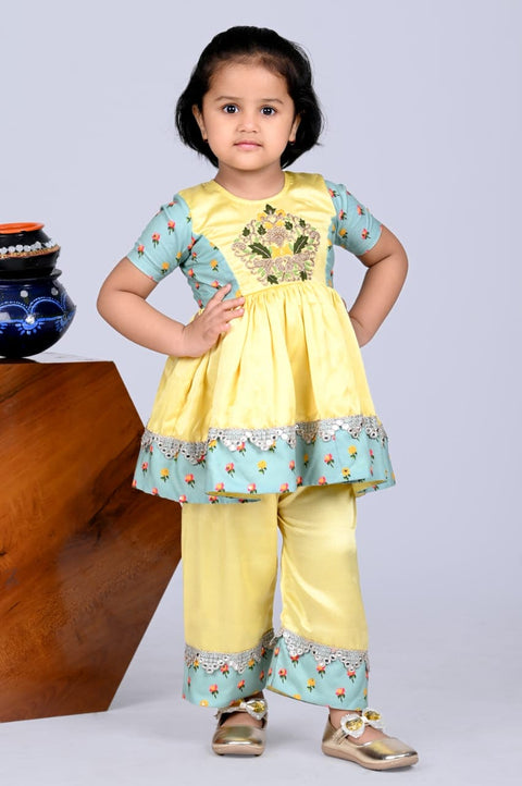 Pre-Order: Yellow Heavy Embroidered Kurti with Palazzo Set