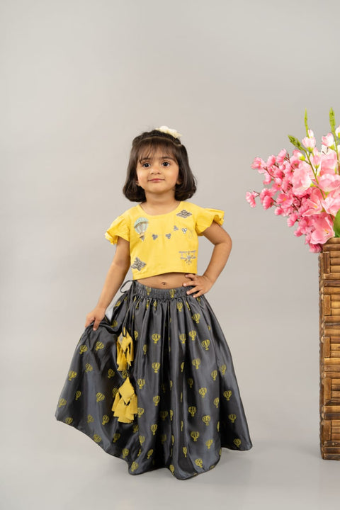 Pre-Order: Yellow Embroidered Blouse with Printed Ghagra Set