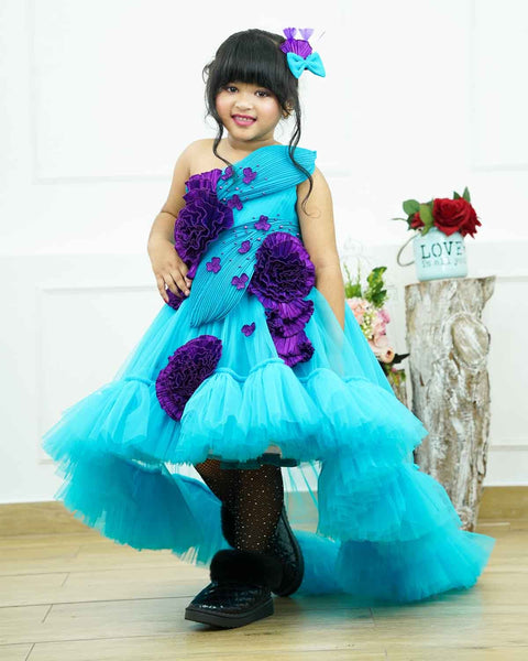 Pre-Order: Sea blue and purple high and low gown with fabric manipulated embellishments