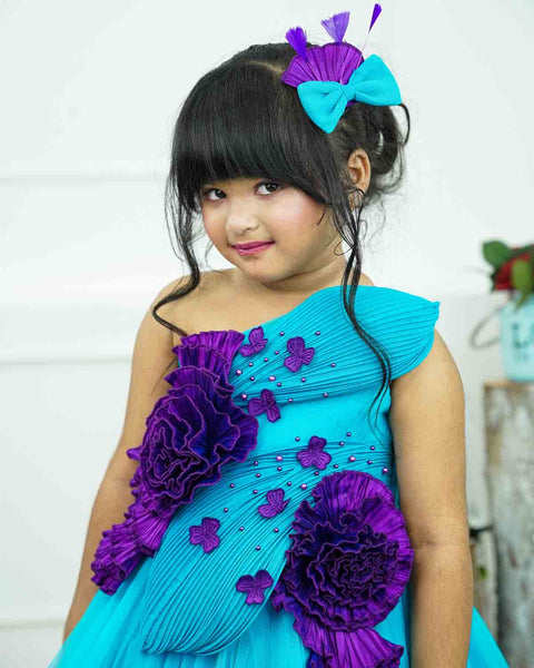 Pre-Order: Sea blue and purple high and low gown with fabric manipulated embellishments