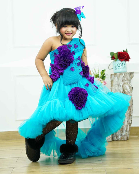 Pre-Order: Sea blue and purple high and low gown with fabric manipulated embellishments