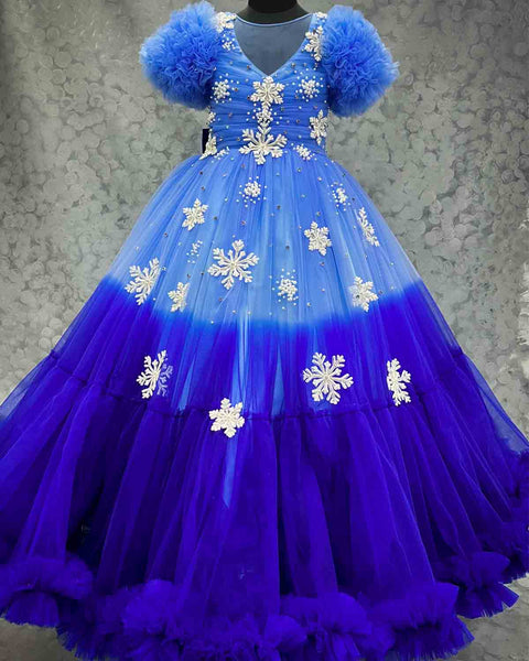 Pre-Order: Snowflake theme light cobalt blue shade and dark royal blue layered frilled gown