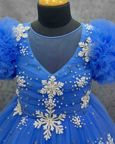 Pre-Order: Snowflake theme light cobalt blue shade and dark royal blue layered frilled gown