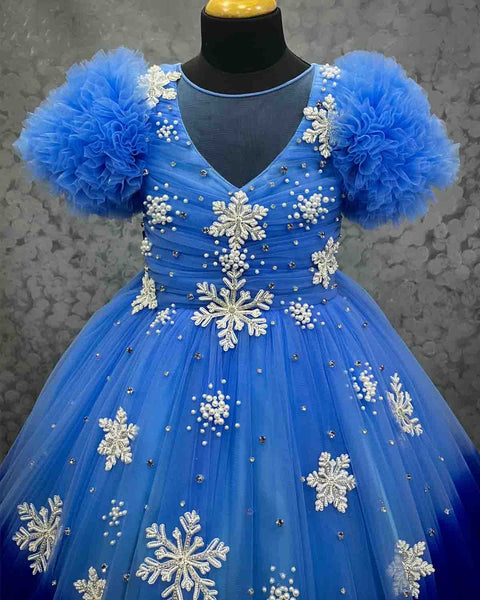 Pre-Order: Snowflake theme light cobalt blue shade and dark royal blue layered frilled gown