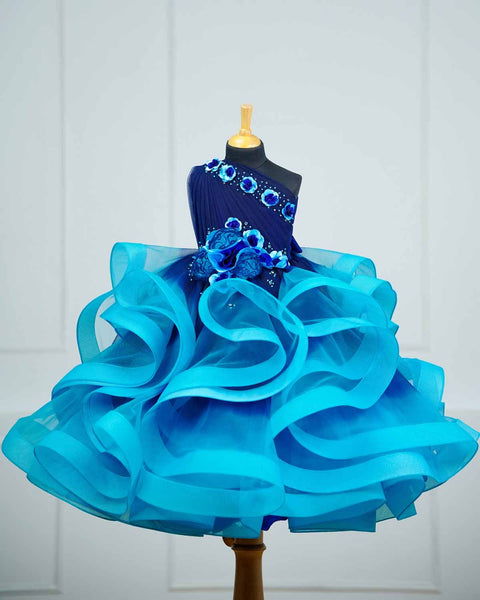 Pre-Order: Navy blue and aqua blue ombre shaded, pleated one shoulder couture gown