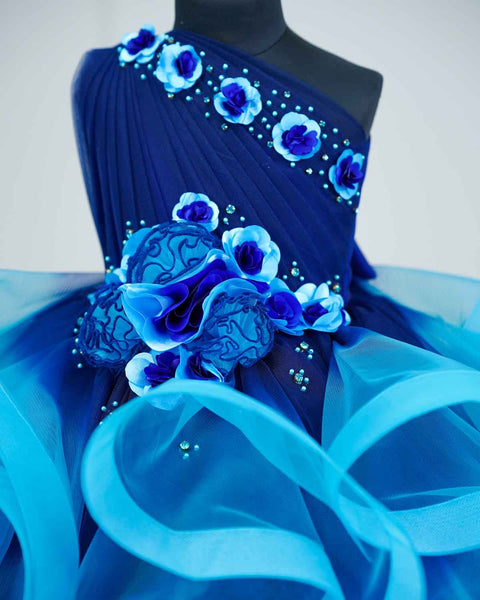 Pre-Order: Navy blue and aqua blue ombre shaded, pleated one shoulder couture gown