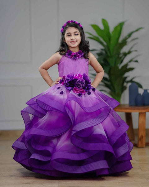 Pre-Order: Lavender and purple ombre shaded couture gown with handcrafted flowers