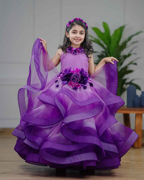 Pre-Order: Lavender and purple ombre shaded couture gown with handcrafted flowers