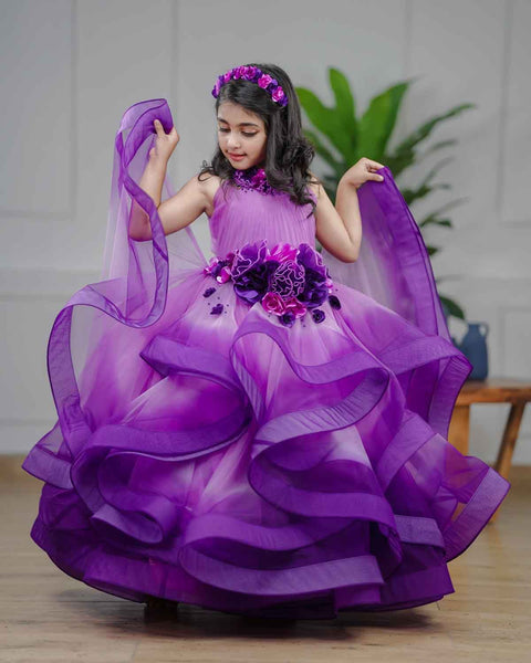 Pre-Order: Lavender and purple ombre shaded couture gown with handcrafted flowers