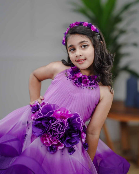 Pre-Order: Lavender and purple ombre shaded couture gown with handcrafted flowers