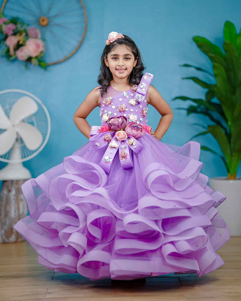 Pre-Order: Lavender twirled gown with multicolored pastel flower embellished yoke and hand crafted bow