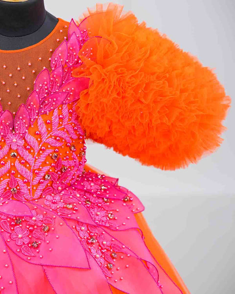 Pre-Order: Orange and fuchsia pink party wear gown with heavy and crafted yoke and petal detailing