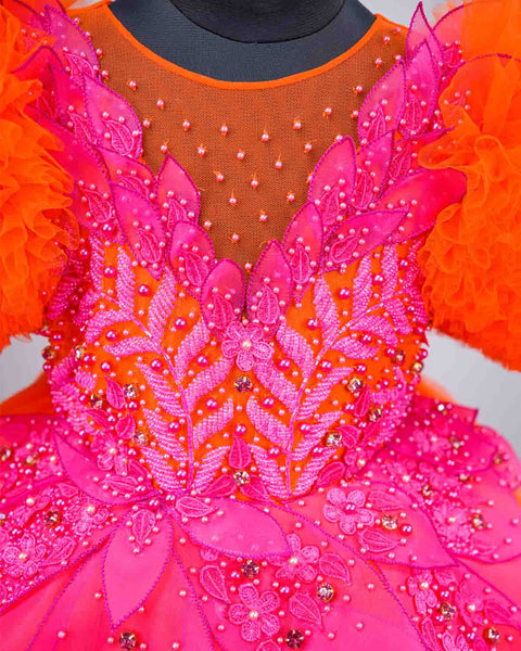 Pre-Order: Orange and fuchsia pink party wear gown with heavy and crafted yoke and petal detailing
