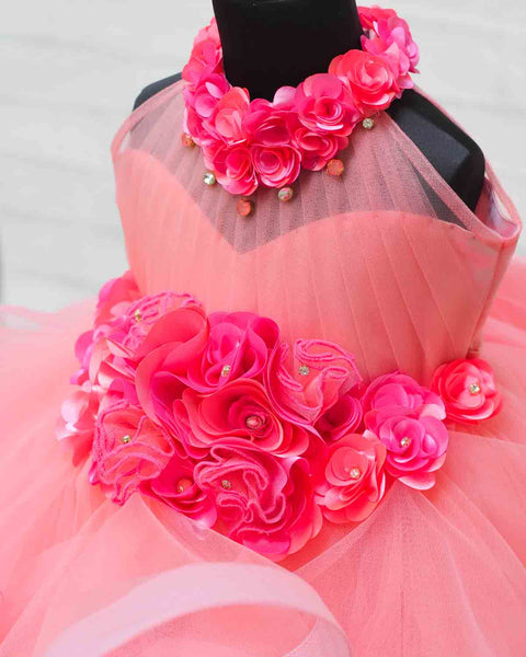 Pre-Order: Peach halter neck twirled couture gown with coral pink flower embellishments