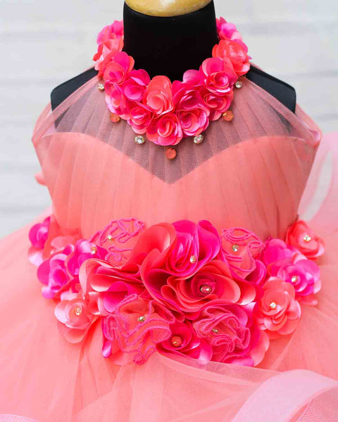 Pre-Order: Peach halter neck twirled couture gown with coral pink flower embellishments