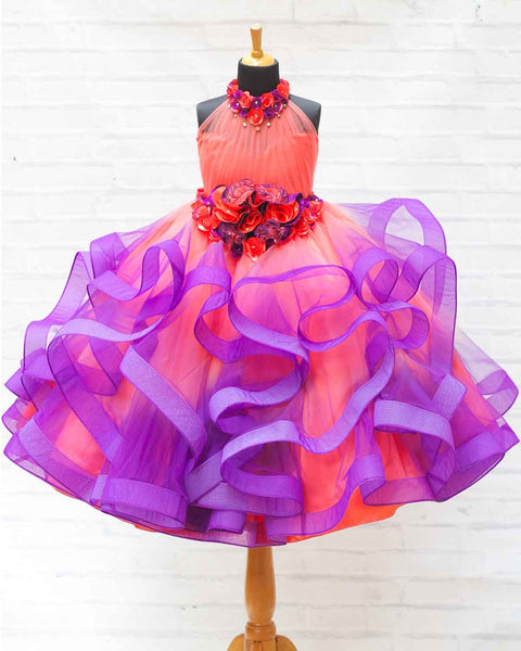 Pre-Order: Coral and purple color combo halter neck twirled couture gown with coral and purple flower embellishments