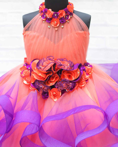 Pre-Order: Coral and purple color combo halter neck twirled couture gown with coral and purple flower embellishments