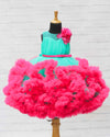 Pre-Order: Aqua green and Pink Cloudy Frilled Party Wear Gown with Flower Detailing