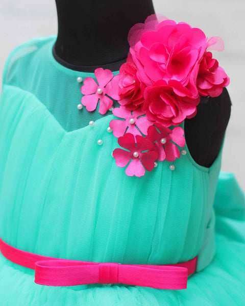 Pre-Order: Aqua green and Pink Cloudy Frilled Party Wear Gown with Flower Detailing