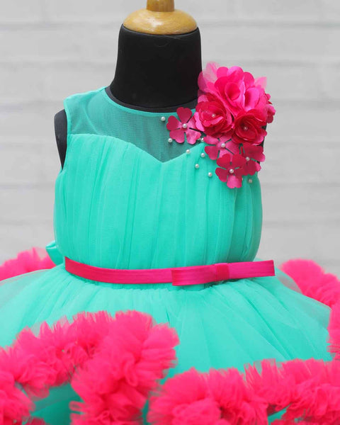 Pre-Order: Aqua green and Pink Cloudy Frilled Party Wear Gown with Flower Detailing