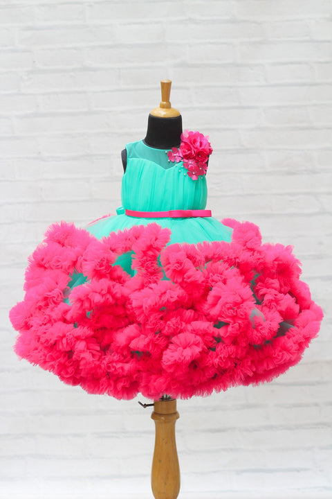 Pre-Order: Aqua green and Pink Cloudy Frilled Party Wear Gown with Flower Detailing