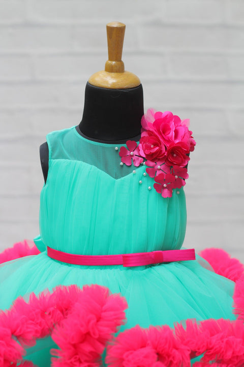 Pre-Order: Aqua green and Pink Cloudy Frilled Party Wear Gown with Flower Detailing
