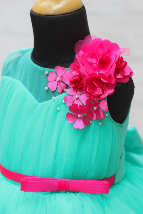 Pre-Order: Aqua green and Pink Cloudy Frilled Party Wear Gown with Flower Detailing
