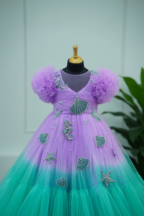 Pre-Order: Mermaid theme gown made in lavender and aquamarine green combo