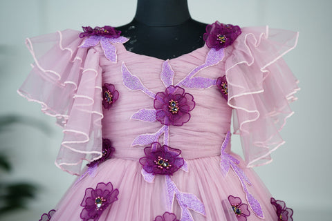 Pre-Order: Plum purple and onion pink colour gradient heavy frill gown with hand crafted embellishments and layered sleeves