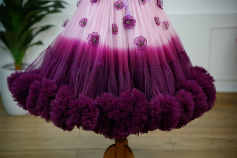 Pre-Order: Plum purple and onion pink colour gradient heavy frill gown with hand crafted embellishments and layered sleeves