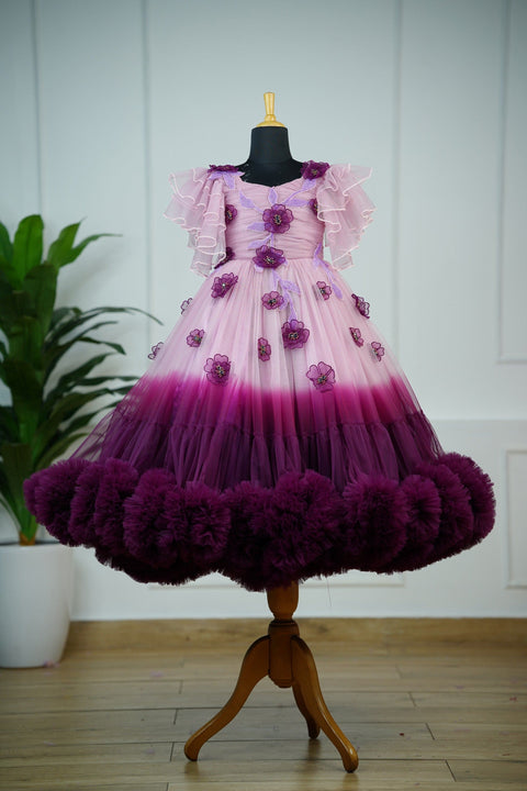 Pre-Order: Plum purple and onion pink colour gradient heavy frill gown with hand crafted embellishments and layered sleeves