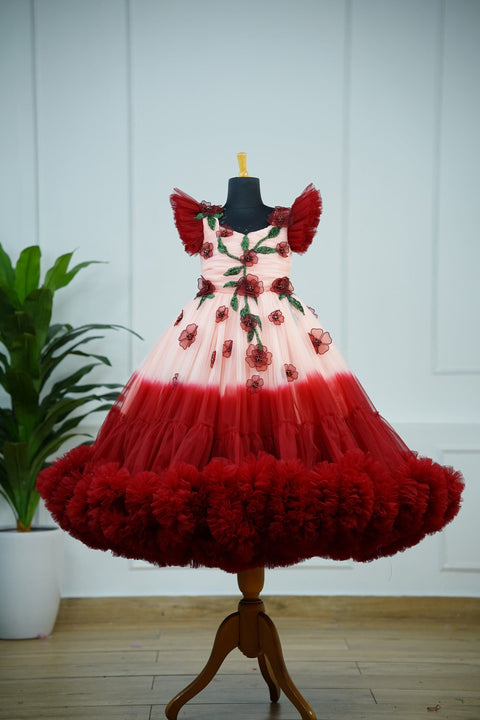 Pre-Order: Maroon and peach double shade couturegown with frilled sleeves and handcrafted flowers and leaves